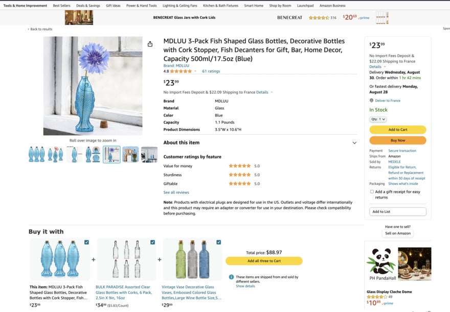 An Amazon product page featuring photos of a translucent blue fish vase and product descriptions.