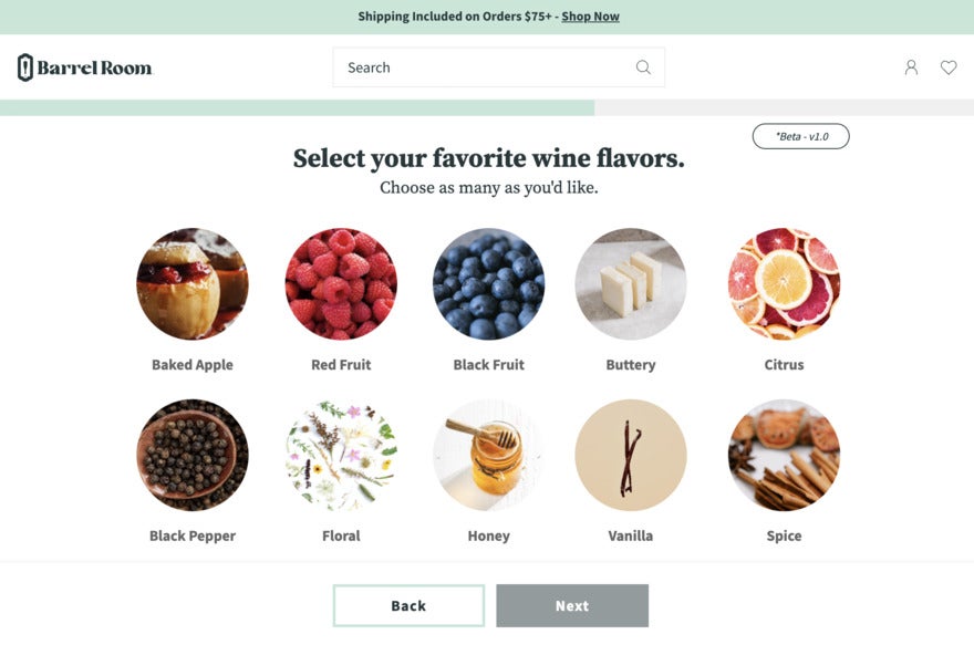 A webpage of different wine flavors for the user to choose. There are multiple round photos of food like baked apple, red fruit, black pepper, spice, and citrus.