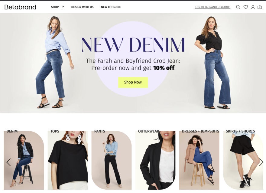 Clothing website showcasing women's denim. Featuring multiple studio photos of women in tops, jeans, skirts, and jackets.