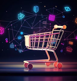Ai generated image of a shopping cart with floating icons around it for tech
