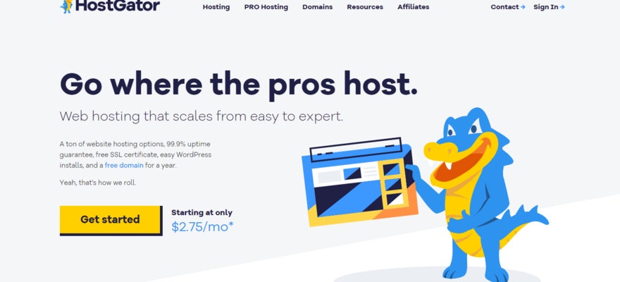 HostGator homepage featuring small bio and cartoon alligator mascot