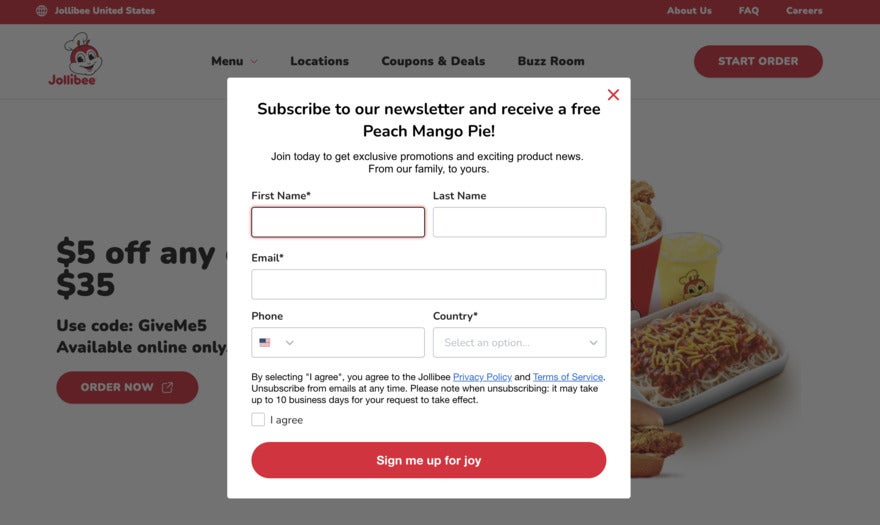 A pop up on Jollibee, that promises a free peach pie if the user signs up.