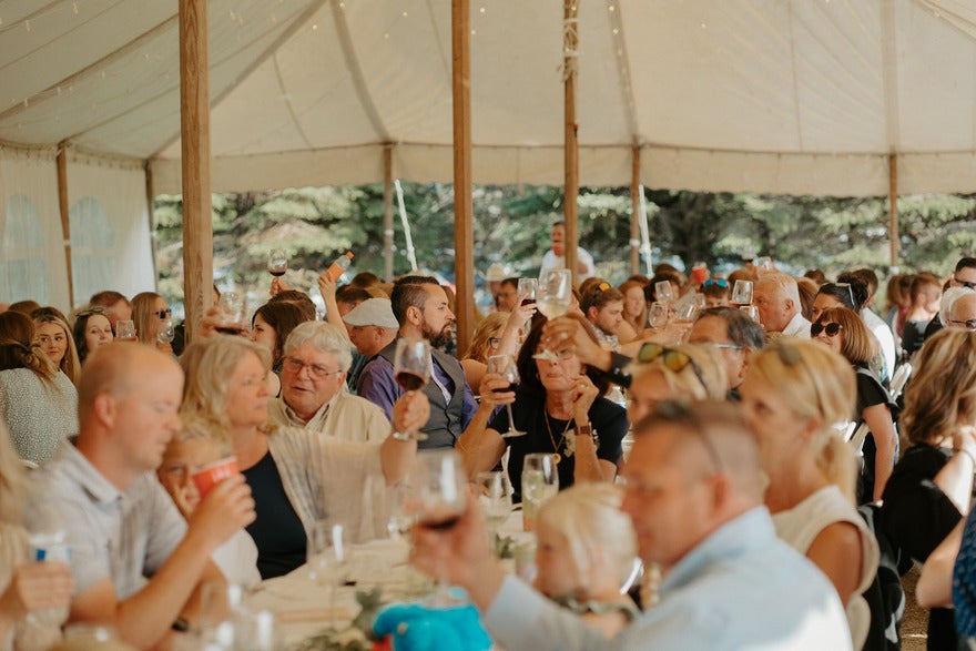 Large crowd of people sat down within a fabric gazebo, raising glasses of wine