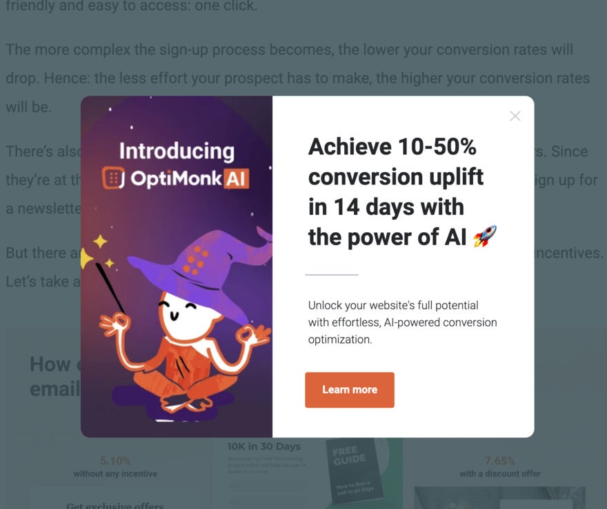 A pop-up featuring a purple cartoon of a person in a large wizard hat on the left and a headline promising 10-50% conversion uplift in 14 days