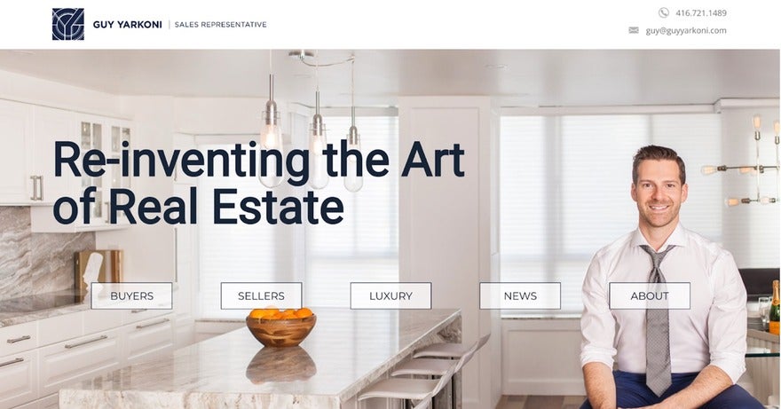 Real estate website banner featuring Guy Yarkoni, with the slogan "Re-inventing the Art of Real Estate," and menu options for buyers, sellers, luxury, news, and about.