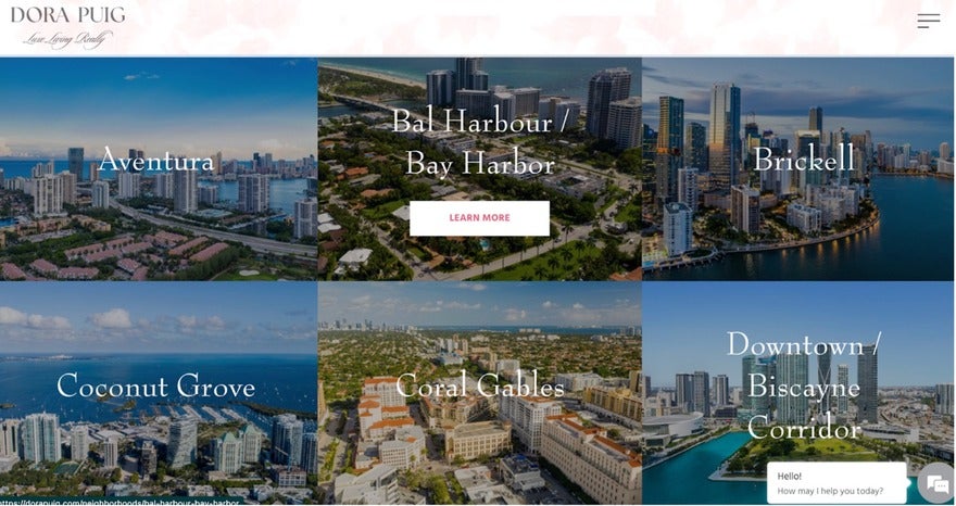 Real estate web page featuring aerial views of Miami neighborhoods like Aventura, Bal Harbour, Brickell, Coconut Grove, Coral Gables, and Downtown/Biscayne Corridor.