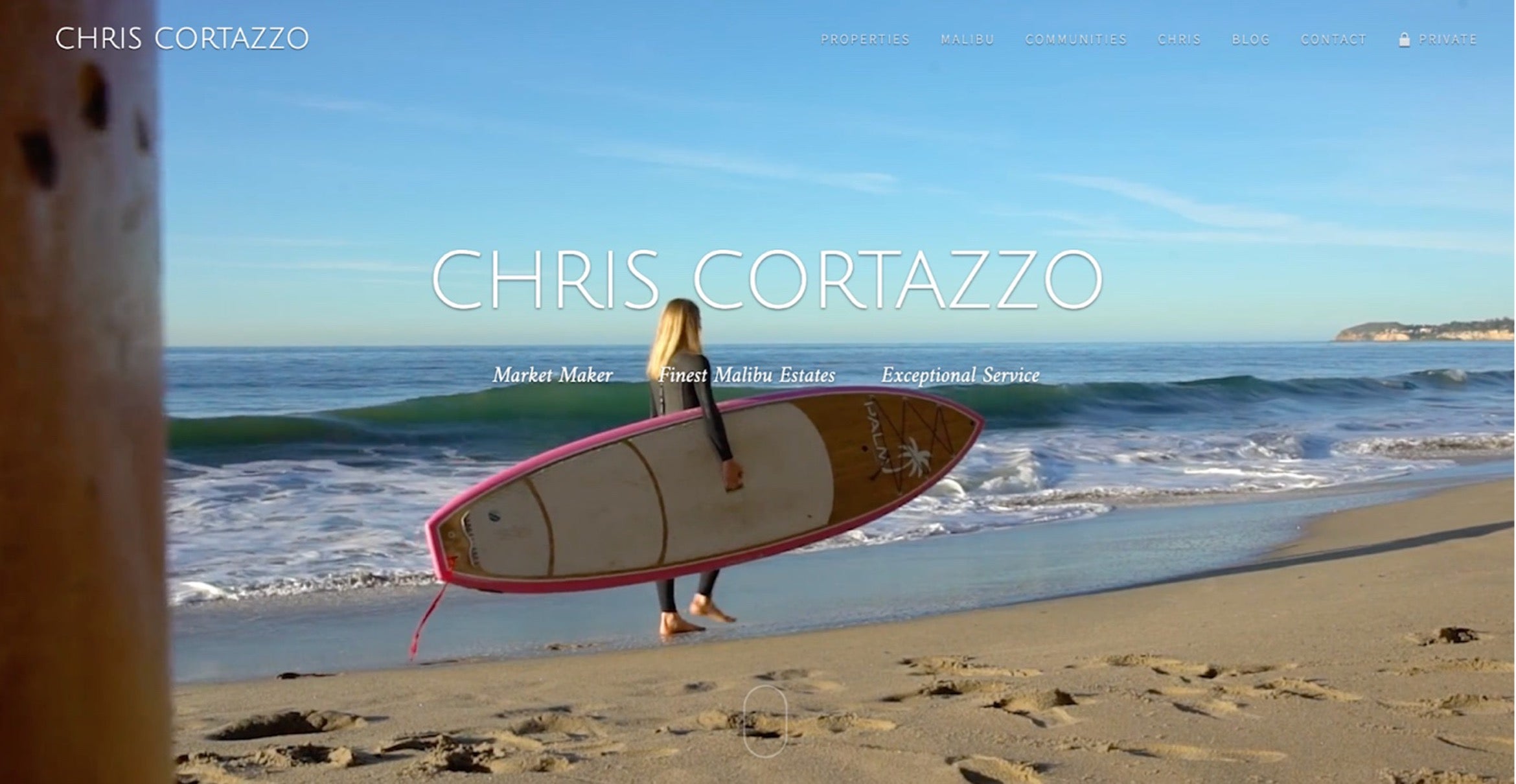 Website banner for Chris Cortazzo featuring a beach scene with a person holding a surfboard, symbolizing a lifestyle of luxury Malibu real estate.