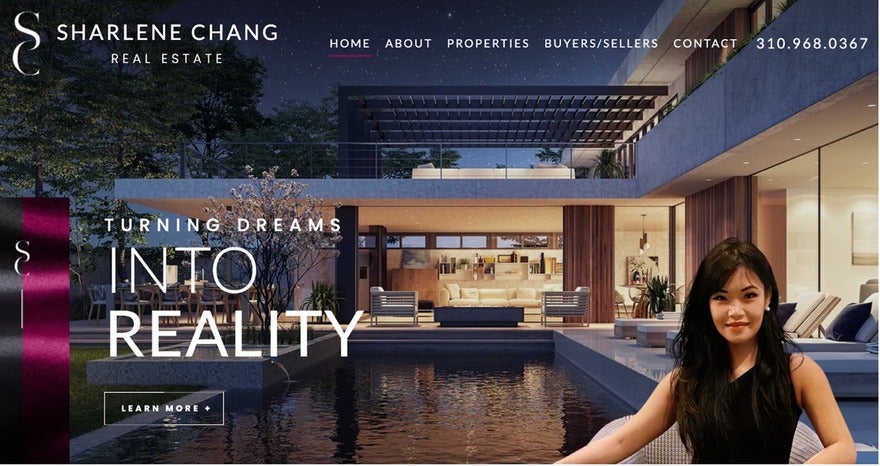 A webpage header for Sharlene Chang Real Estate, featuring an image of a luxury home at dusk with the slogan "Turning Dreams into Reality".