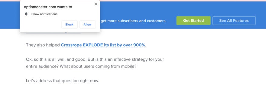 A white pop-up that asks if the user would like notifications from Optimonster.