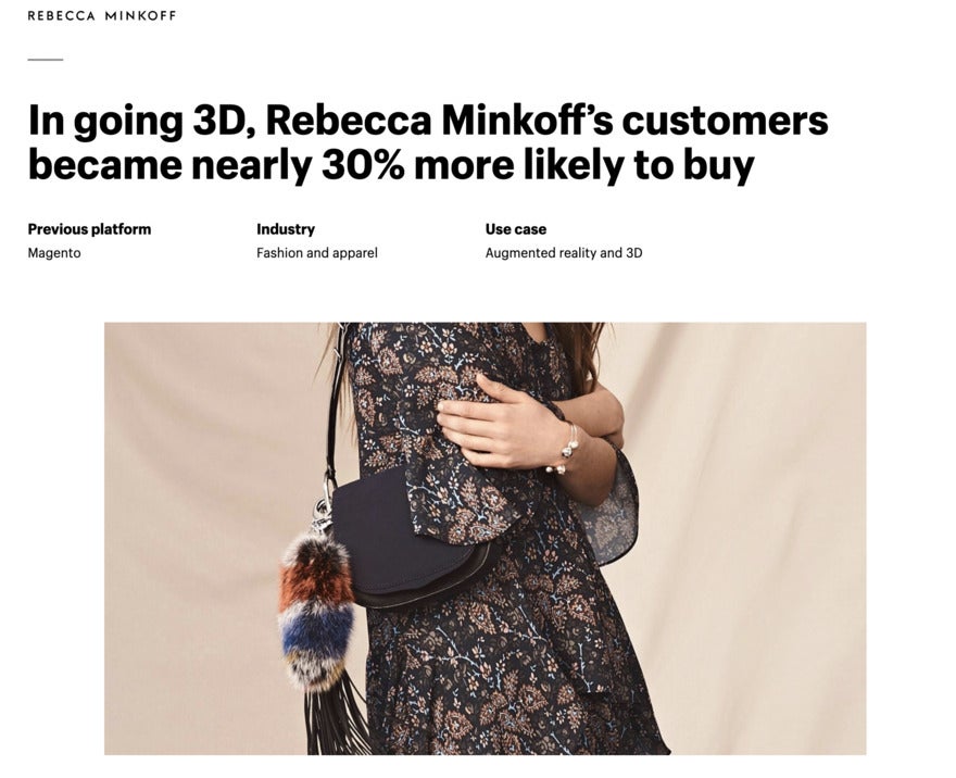 A black and white webpage with a headline about how going 3D made customers 30% more likely to buy.