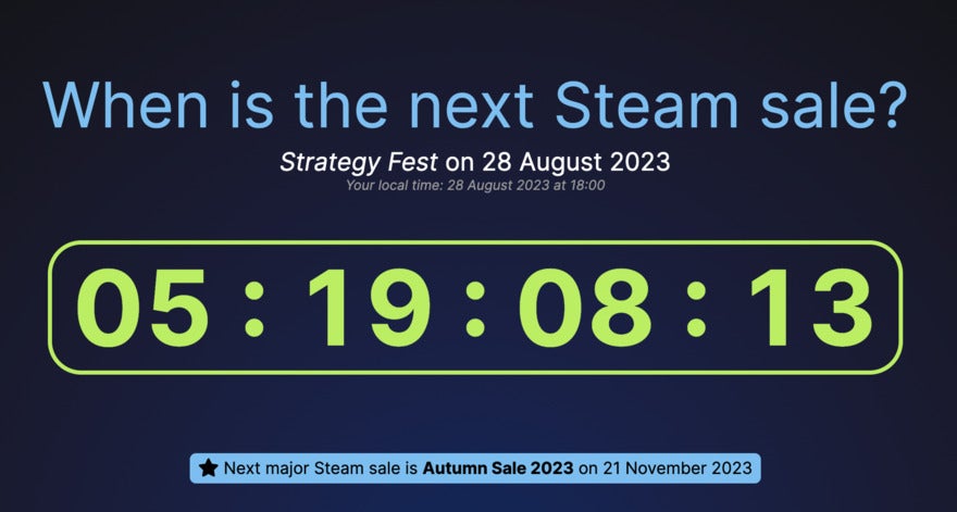 A black Steam pop-up with a yellow countdown timer, mid counting down to the next sale.