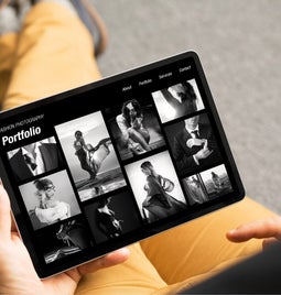 tablet with black and white portfolio