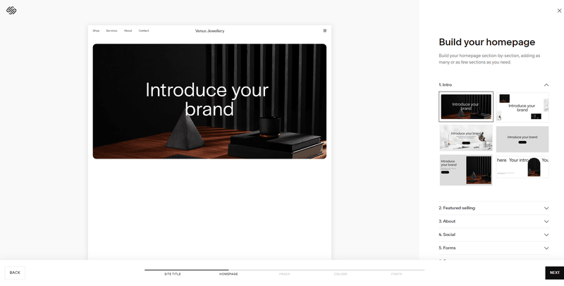 squarespace website template designer with list of option in menu on the right
