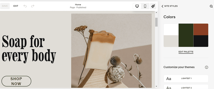 Image of a soap bar next to flowers and a menu for editing site style and color palettes