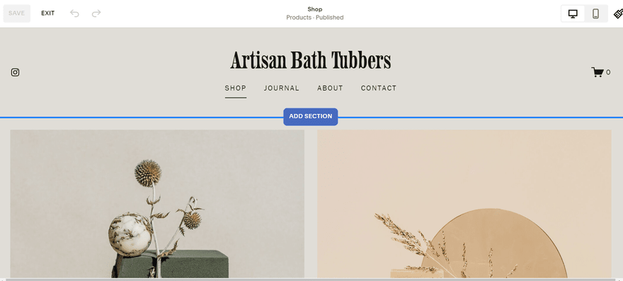 Within the Squarespace editor for an artisan soap website