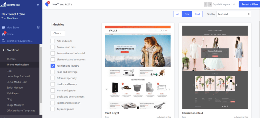 Template options by industry on BigCommerce