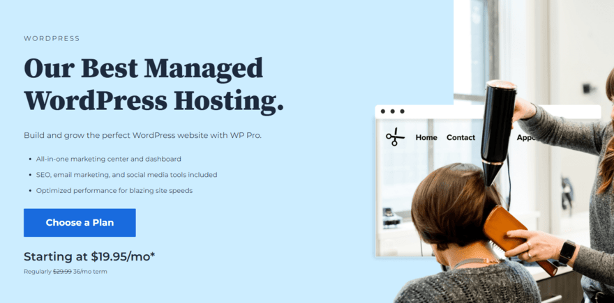 Bluehost's Managed WordPress Hosting homepage featuring button to choose a plan