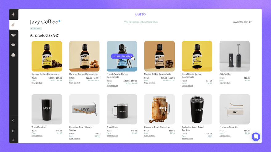 Carro Shopify app in use on a product page, featuring buttons to add products to your Shopify store