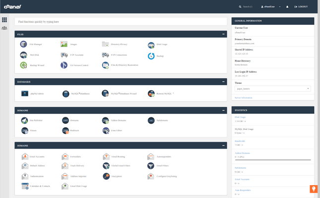 cpanel dashboard view