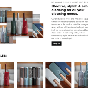 Homepage of De Novo lint brush, featuring a gallery of product images plus a sales desription