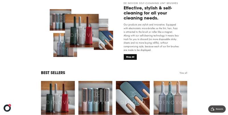 Homepage of De Novo lint brush, featuring a gallery of product images plus a sales desription