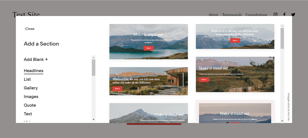 Menu for adding a new section to a Squarespace website with variety of text layouts