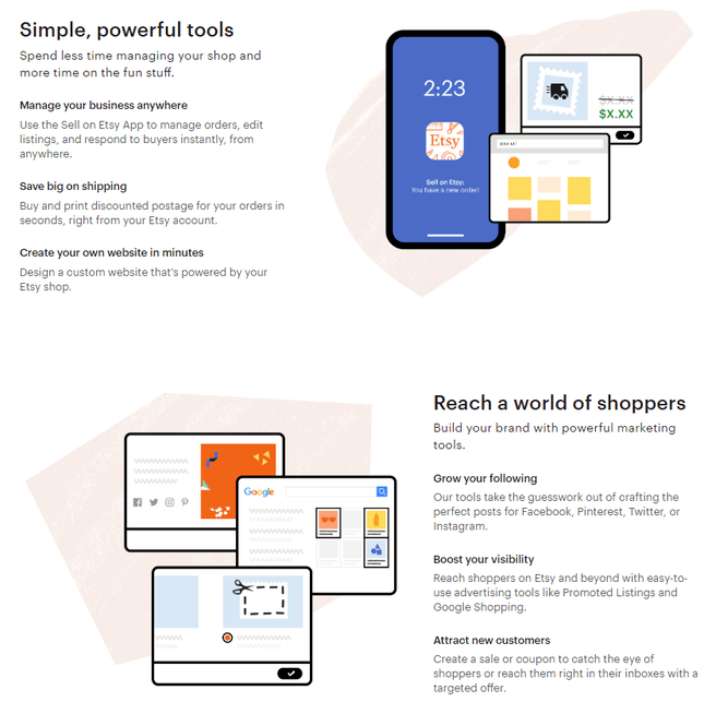 etsy ecommerce tools infographic detailing the powerful tools etsy has on offer and reaching a world of shoppers