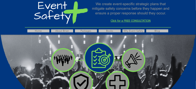 an event safety website homepage in blue with green icons