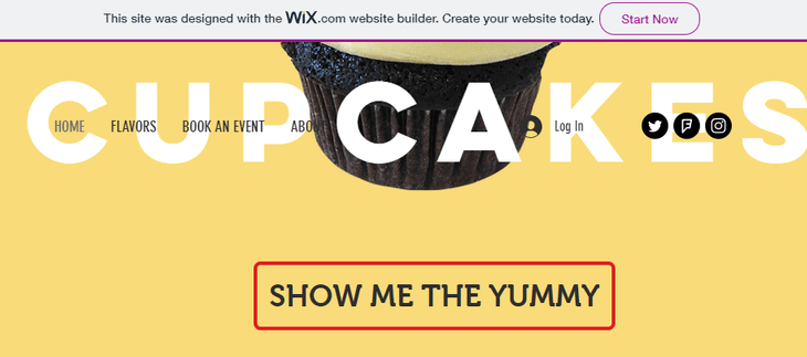 Lucy's Cupcakes demo website featuring big font on yellow background with Wix banner ad