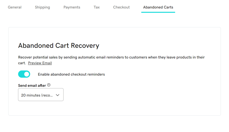 GoDaddy abandoned cart recovery setting