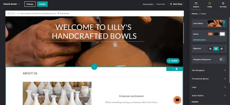 GoDaddy editor with ceramics-based template