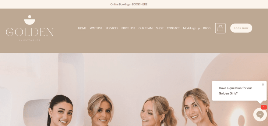 Golden Injectables homepage showing navigation options and booking CTAs