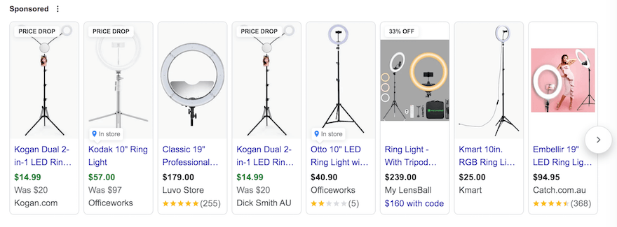 Google sponsored ring light products screenshot