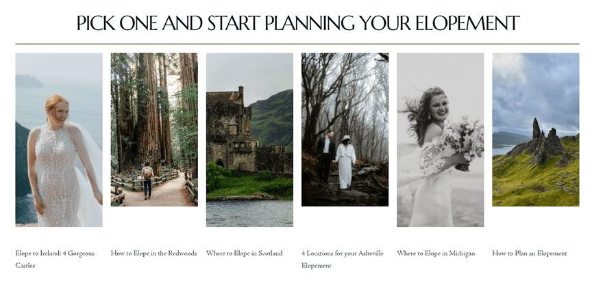 Columns of elopement images above related blog posts and guides