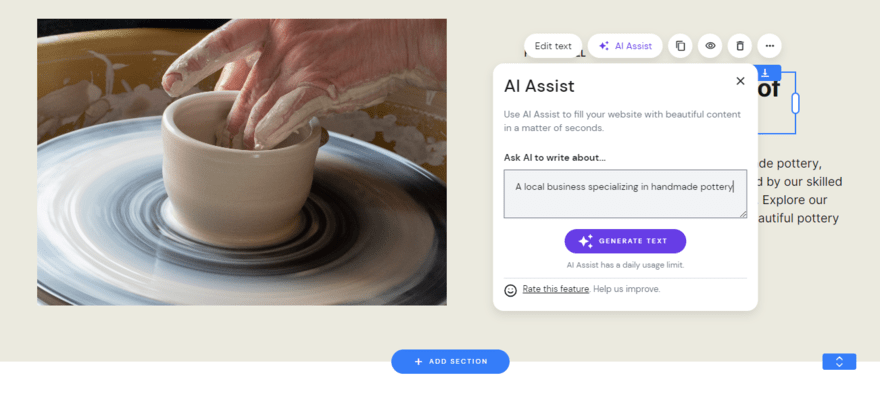 Hostinger's AI text generator in use on a demo website