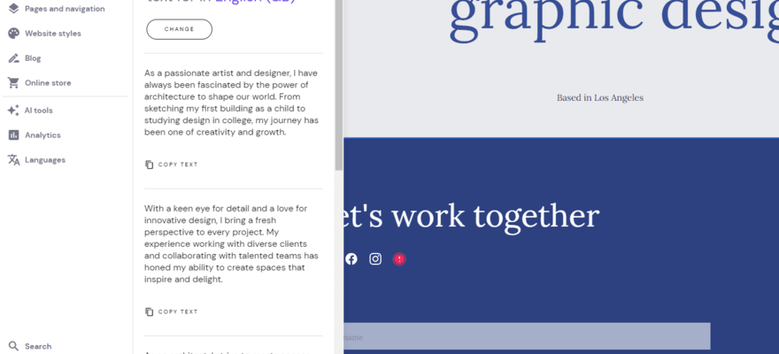 Hostinger's AI text generator in use in the website editor