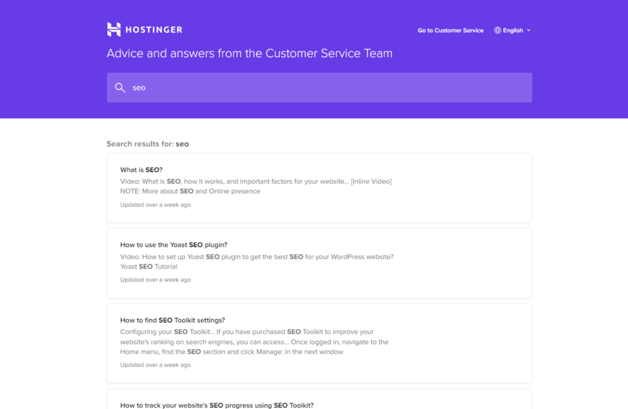 Hostinger Knowledge Center result page for the term "seo"