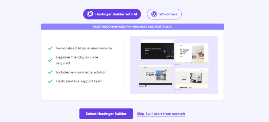 Hostinger's onboarding, giving an option between using its AI builder or WordPress