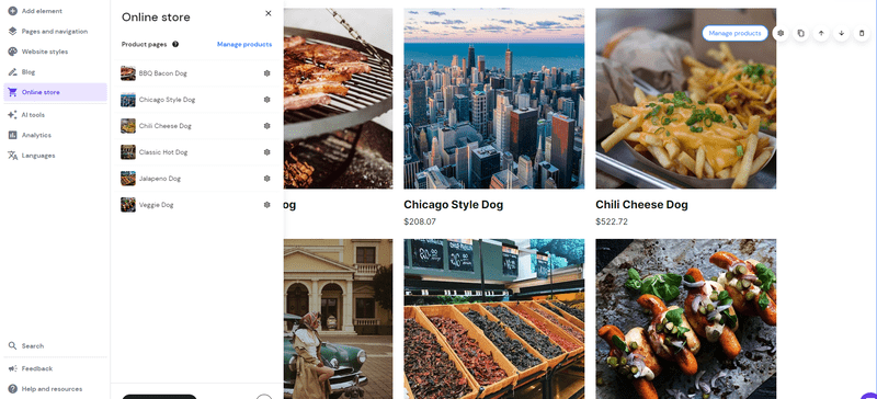 Pictures of hot dogs and city's intermingled as products on a website