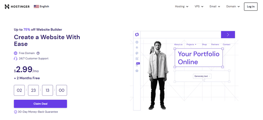 Hostingers homepage for building with an image of a portfolio site