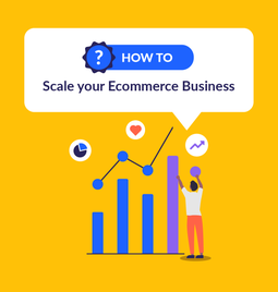 Illustration of a person next to a bar chart on a yellow background with the words How to scale your ecommerce business in a white speech bubble