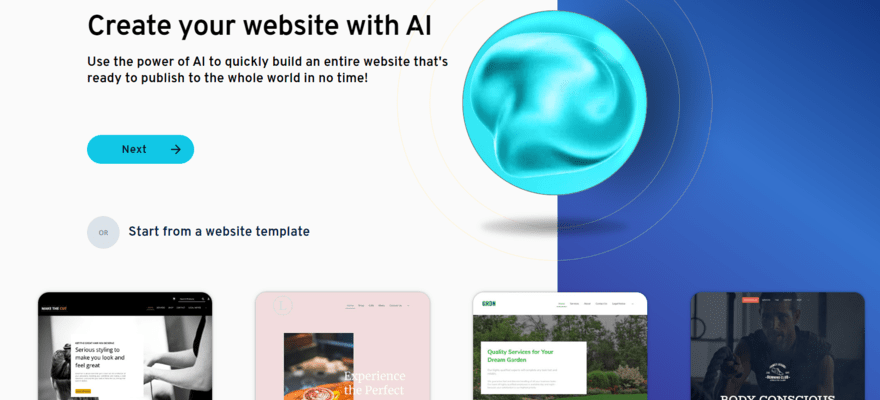 IONOS website onboarding asking users if they want to create a website with AI or choose a template