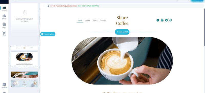 coffee shop website featuring picture of coffee being poured in editor
