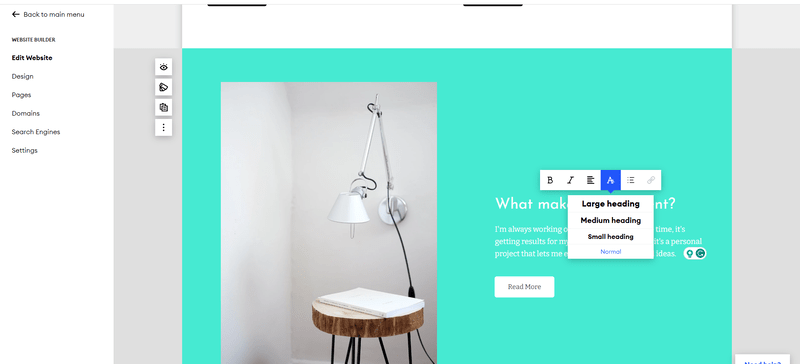 A cyan website witha product page for a desk lamp and a menu for editing text