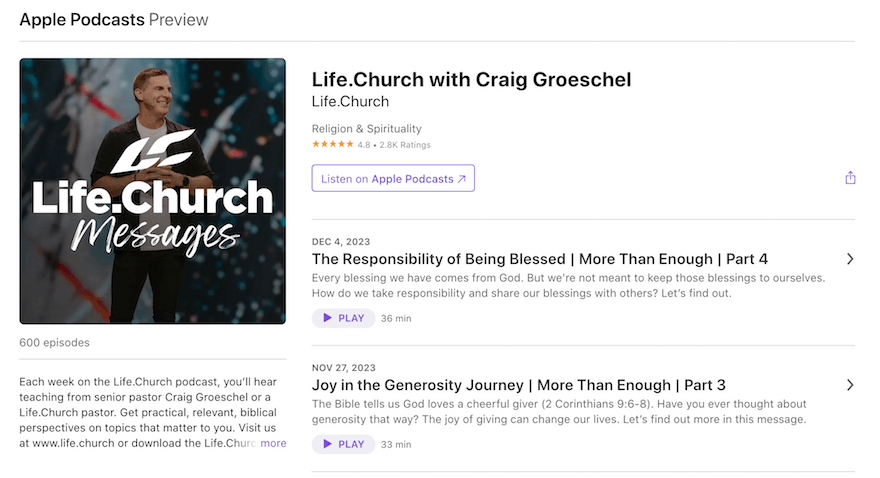 Life.Church with Craig Groeschel Apple Podcasts website screenshot