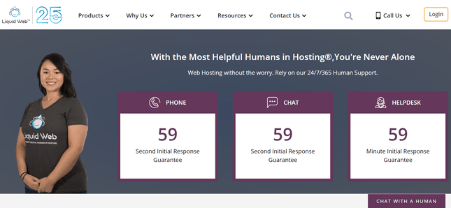Liquid Web's help and support page with woman standing wearing Liquid Web logo