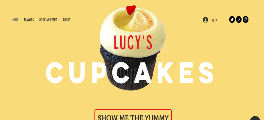 Free Wix demo site homepage featuring a yellow background and cupcake image with 