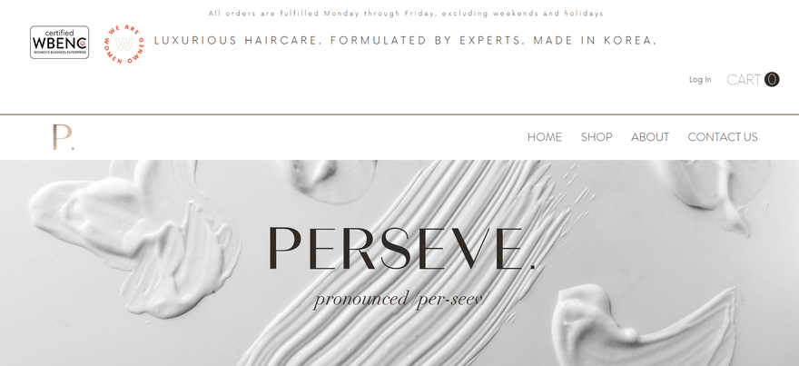 Hair care brand PERSEVE home page with shampoo smears on background
