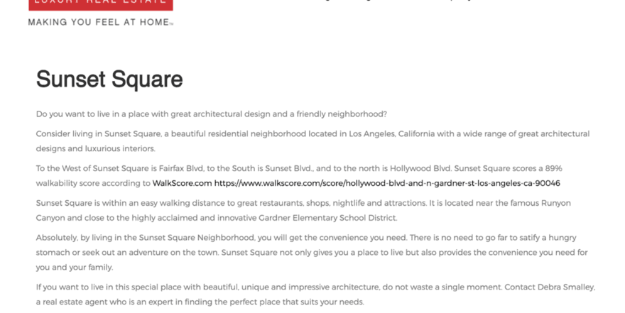 Text from a real estate website promoting Sunset Square, a neighborhood in Los Angeles with great architectural designs, walkability, and proximity to amenities and schools.