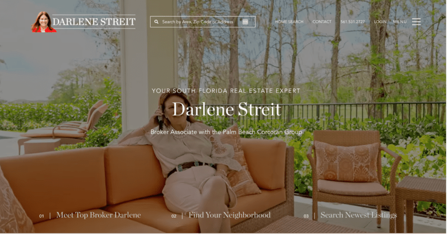 Real estate web page for Darlene Streit, presenting her as a South Florida real estate expert, with a serene patio setting in the background.